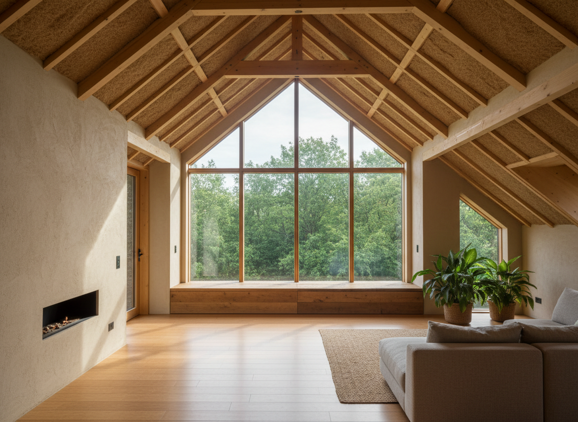 A bright open-plan loft conversion living space showcasing sustainable design, captured at eye level with a wide-angle lens. The room features a vaulted ceiling with exposed, engineered timber rafters and thick natural wood fibre insulation neatly concealed behind clay-plastered walls. Full-height gable glazing with slim timber frames overlooks mature trees, with a built-in low window seat crafted from reclaimed oak. Indirect morning light fills the room, creating soft highlights on the matte-finished natural materials and casting long, gentle shadows across the polished bamboo flooring. Photographic realism with a clean, modern aesthetic, the composition using rule of thirds to emphasise the connection between interior, structure, and surrounding landscape.